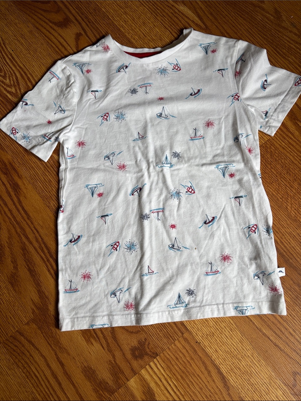Tommy Bahama White Short Sleeve Tee with Blue and Red Sailboat Print